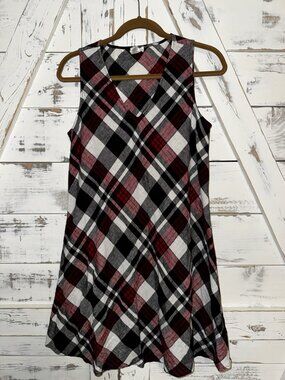 Nicole Miller Women's V-Neck Mini Dress Linen Blend Sleeveless Sz M Blue Plaid